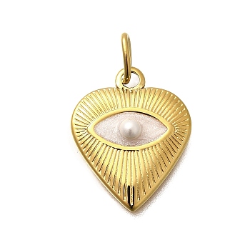 304 Stainless Steel Pendants, with Shell Pearl and Enamel, with Jump Ring, Heart Charm, Ion Plating(IP), Real 14K Gold Plated, 20x16x3.5mm, Hole: 2.5x5mm