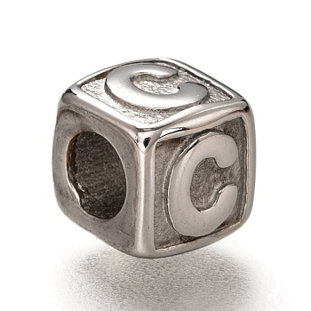 304 Stainless Steel European Beads, Large Hole Beads, Horizontal Hole, Cube with Letter, Stainless Steel Color, Letter.C, 8x8x8mm, Hole: 4.5mm