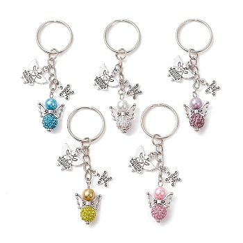 5Pcs 5 Colors Angel Polymer Clay Rhinestone Keychains, with Alloy Charms and Iron Split Key Rings, Angel, Mixed Color, 8.1cm, 1pc/color