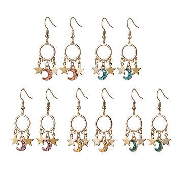Moon and Star Alloy Enamel Chandelier Earrings, Mixed Color, 45x13mm