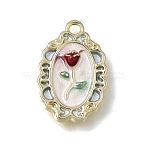 Brass with Red Enamel Pendants, Oval with Rose Charms, Light Gold, 17x12x3mm, Hole: 1.4mm(KK-CBAE379-23LG)