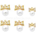 6Pcs 3 Styles Brass Plastic Pearl Pendants, Bowknot with Round, with Resin Rhinestone, Golden, 12.5~17x10~14.5x7.5~9.5mm, Hole: 1.4~1.5mm, 2pcs/style(KK-CJ0005-53)
