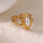 Retro Royal Style 304 Stainless Steel Imitation Pearl Cuff Rings, Horse Eye, Inner Diameter: 18mm(FS-WG343E9-01)