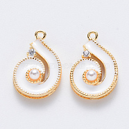 Brass Micro Pave Cubic Zirconia Pendants, with ABS Plastic Imitation Pearl, Enamel, Nickel Free, Spiral, Real 18K Gold Plated, White, 17x11x4.5mm, Hole: 1mm(X-KK-T049-051G-03-NF)