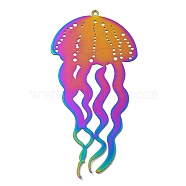 Ion Plating(IP) 201 Stainless Steel Etched Metal Embellishments Pendants, Rainbow Color, Jellyfish, 67x34x0.3mm, Hole: 1.4mm(STAS-G328-02K-RC)
