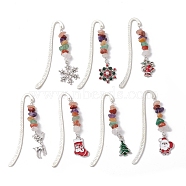 Christmas Theme Alloy Hook Bookmarks, Chakra Natural Quartz Crystal & Sunstone & Red Jasper & Green Aventurine & Red Aventurine & South Red Agate & Amethyst Chips & Alloy Enamel Charm Bookmarks, Mixed Color, 83x18x14~21.5mm, 7pcs/set(AJEW-JK00338)