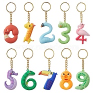 10 Pcs Animal Number PVC Plastic Pendants Keychains, with Iron Split Key Rings, Fox/Giraffe/Swan, Misty Rose, 10~11cm, 10 style, 1pc/style, 10pcs/set(KEYC-JKC00734)