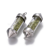 Natural Peridot Big Pointed Pendants, Dowsing Pendulum Pendants Making, with Alloy Findings, Bullet, Antique Silver, 57x17mm, Hole: 4mm(G-E516-B07-1)