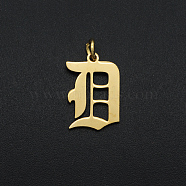 201 Stainless Steel Pendants, with Jump Ring, Old English, Letter, Laser Cut, Golden, Letter.D, 16.5x11x1mm, Hole: 3mm(A-STAS-R111-JA566-D)