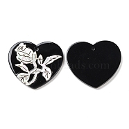 Opaque Flower Pattern Acrylic Pendants, with Shell, Black, Heart, 28~28.5x31.5x2.5mm, Hole: 1.6mm(BACR-D001-01A)