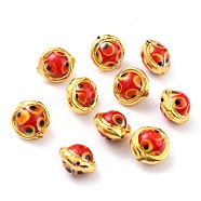 Handmade Lampwork Beads, with Golden Color Edge Brass, Round, Red, 16.5~17x15.5~16x12~13.5mm, Hole: 1mm(LAMP-B002-01G-C)