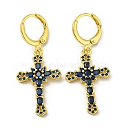Real 18K Gold Plated Brass Dangle Leverback Earrings, with Glass, Cross, Dark Blue, 38x16mm(EJEW-A033-03G-07)
