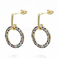 Brass Micro Pave Cubic Zirconia Dangle Stud Earrings, with Earring Backs, Nickel Free, Ring, Real 16K Gold Plated, Colorful, 30mm, Pin: 0.8mm(EJEW-S208-132A-NF)
