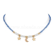 Moon & Star Brass Pendant Necklace with Glass Seed Beaded Chains for Women, Real 18K Gold Plated, 15.63 inch(39.7cm)(NJEW-JN04391)