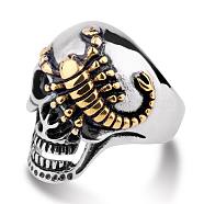 Two Tone 316L Surgical Stainless Steel Skull with Scorpion Finger Ring, Gothic Punk Jewelry for Men Women, Golden & Stainless Steel Color, US Size 12(21.4mm)(SKUL-PW0002-034F-GP)