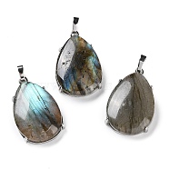 Natural Labradorite Pendants, Brass Teardrop Charms, Platinum, Cadmium Free & Lead Free, 28.5x18x5~6mm, Hole: 5x4mm(G-U002-01P-A)