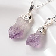 Natural Raw Rough Gemstone Pendant Necklaces, with Brass Chains and Spring Ring Clasps, Amethyst, 18 inch(NJEW-JN01114)