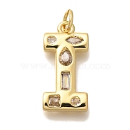 Brass Micro Pave Clear Cubic Zirconia Pendants, with Jump Ring, Lead Free and Cadmium Free, Long-Lasting Plated, Rack Plating, Letter Charms, Real 18K Gold Plated, Letter I, 20x9.5x2.7mm, jump ring: 5x1mm, 3mm inner diameter.(KK-G521-01G-I)