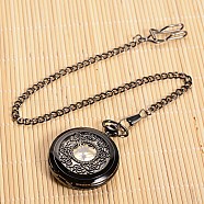 Openable Flat Round Alloy Pendant Pocket Watch, Quartz Watches, with Iron Chain, Gunmetal, 355mm, Watch Head: 59x47x14mm(WACH-L024-27)