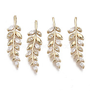 Brass Micro Pave Cubic Zirconia Pendants, Olive Branch, Long-Lasting Plated, Light Gold, Clear, 28x8x4mm, Hole: 2x4mm(X-KK-R111-029)