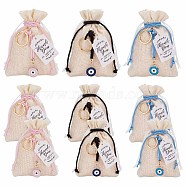 3Pcs 3 Colors Rectangle Polyester Imitation Burlap Packing Pouches Drawstring Bags, Evil Eye Charm Gift Bags with Paper Gift Tags, Mixed Color, 13x10x0.5~1cm, 1pc/color(ABAG-AB00009)