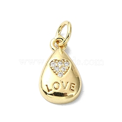 Heart Theme Brass Micro Pave Cubic Zirconia Charms, with Jump Ring, Real 18K Gold Plated, Teardrop, 13.5x8x2.5mm, Hole: 3mm(KK-H475-56G-01)