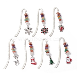 Christmas Theme Alloy Hook Bookmarks, Chakra Natural Quartz Crystal & Sunstone & Red Jasper & Green Aventurine & Red Aventurine & South Red Agate & Amethyst Chips & Alloy Enamel Charm Bookmarks, Mixed Color, 83x18x14~21.5mm, 7pcs/set(AJEW-JK00338)