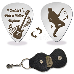 Double-side Laser 201 Stainless Steel Guitar Picks, with Black PU Leather Guitar Picks Holder, Plectrum Guitar Accessories, Human, 35x28mm(AJEW-WH0555-002)