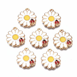 Eco-Friendly Alloy Enamel Pendants, Cadmium Free & Lead Free & Nickel Free, Light Gold, Flower with Beetle, White, 18.5x17x3mm, Hole: 1.5mm(ENAM-T011-89-NR)