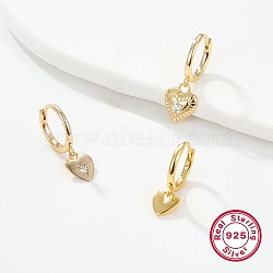 3 Pair 3 Style Cubic Zirconia Heart Dangle Hoop Earrings for Women, 925 Sterling Silver Jewelry, Real 18K Gold Plated, 18~22mm, 1 Pair/style(EJEW-F317-08G)