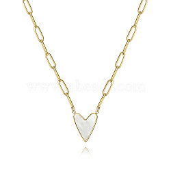 Natural Shell Heart Pendant Necklace with Stainless Steel Paperclip Chains, Golden, 17.72 inch(45cm)(IQ7813-1)