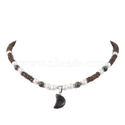 Moon Larvikite Pendant Necklaces for Women, with Natural Coconut Column Beads, 15.87 inch(40.3cm)(NJEW-JN04664-02)