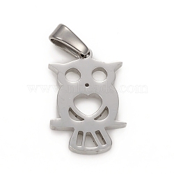 304 Stainless Steel Pendants, Owl, Stainless Steel Color, 18~21x12~14x1.5mm, Hole: 2.5x4.5mm(STAS-I136-07P)