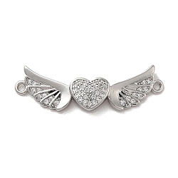 Brass Micro Pave Clear Cubic Zirconia Connector Charms, Long-Lasting Plated, Valentine's Day Heart Links with Wings, Platinum, 10x32.5x2.5mm, Hole: 1.5mm(KK-M275-19P)