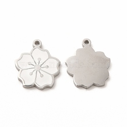 304 Stainless Steel Enamel Charms, Sakura, White, 14x12x1mm, Hole: 1.2mm(STAS-F291-06P-03)