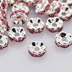 Brass Rhinestone Spacer Beads, Grade AAA, Wavy Edge, Nickel Free, Silver Color Plated, Rondelle, Rose, 6x3mm, Hole: 1mm(RB-A014-L6mm-23S-NF)
