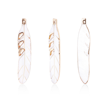 Electroplate Freshwater Shell Big Pendants, Feather, Light Gold, 67.5~70x13~14x2mm, Hole: 1.5mm