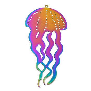 Ion Plating(IP) 201 Stainless Steel Etched Metal Embellishments Pendants, Rainbow Color, Jellyfish, 67x34x0.3mm, Hole: 1.4mm