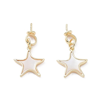 Rack Plating Brass Cup Pearl Peg Bails Pin Pendants, with Shell Star Charms, Long-Lasting Plated, Real 18K Gold Plated, 24mm, Pin: 1mm