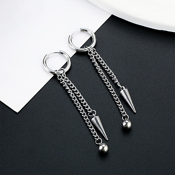 304 Stainless Steel Hoop Earrings, Stainless Steel Color, Chain Charm, Cone, 70.5mm