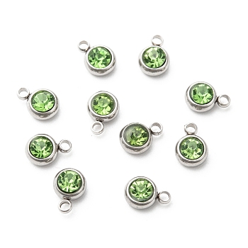 201 Stainless Steel Rhinestone Charms, August Birthstone Charms, Flat Round, Stainless Steel Color, Peridot, 8.5x6x3mm, Hole: 1.5mm