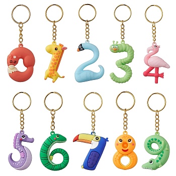 10 Pcs Animal Number PVC Plastic Pendants Keychains, with Iron Split Key Rings, Fox/Giraffe/Swan, Misty Rose, 10~11cm, 10 style, 1pc/style, 10pcs/set