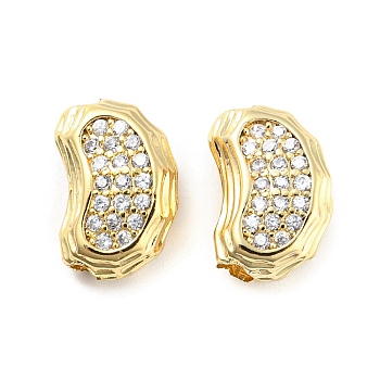 Brass Beads, with Clear Cubic Zirconia, Hollow Bean Shape, Real 18K Gold Plated, 11x7.5x5mm, Hole: 2mm