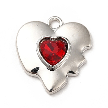 Rack Plating Alloy Pendants with Glass, Cadmium Free & Lead Free, Heart Charms, Platinum, 18.5x17.5x5mm, Hole: 1.8mm
