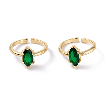 Brass Micro Pave Cubic Zirconia Cuff Rings, Open Rings, Long-Lasting Plated, Real 18K Gold Plated, Horse Eye, Green, 2mm, Inner Diameter: 18.5mm