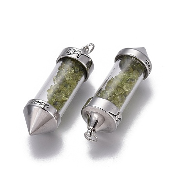 Natural Peridot Big Pointed Pendants, Dowsing Pendulum Pendants Making, with Alloy Findings, Bullet, Antique Silver, 57x17mm, Hole: 4mm