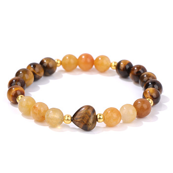 Heart & Round Natural Tiger Eye Bead Stretch Bracelets, show in picture