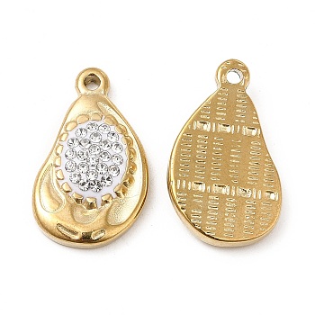 Rhinestone Pendants, with Real 18K Gold Plated 201 Stainless Steel Findings, Twist Teardrop Charms, Clear, 22x13x3.5mm, Hole: 1.4mm