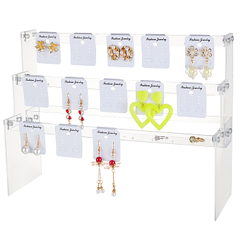 3-Tier Assembled Acrylic Earring Display Stands, Earring Organizer Holder Riser, with 21Pcs Display Cards, Clear, Finished Product: 10.5x31x23.5cm, about 62pcs/set