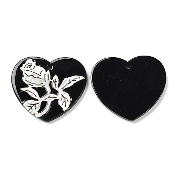 Opaque Flower Pattern Acrylic Pendants, with Shell, Black, Heart, 28~28.5x31.5x2.5mm, Hole: 1.6mm